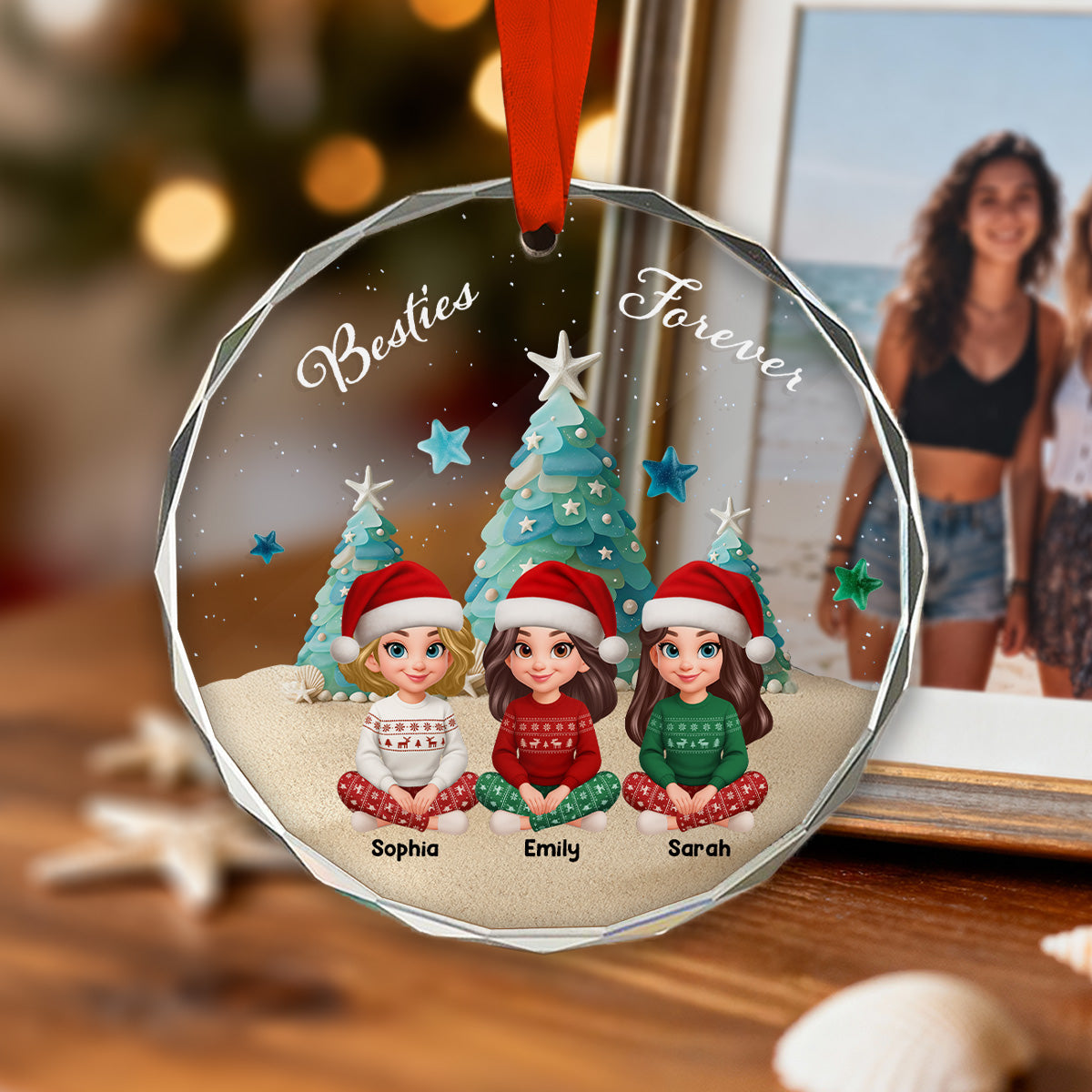 3D Sea Glass Effect Christmas Tree Beautiful Besties Forever - Personalized Glass Ornament - Gift For Best Friends