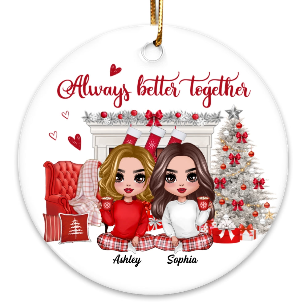 White Christmas Pajamas Doll Besties Sisters Sitting Personalized Circle Ornament