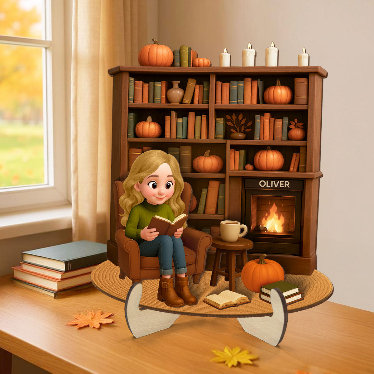Fall Girl Reading Book Cozy Bookself Personalized 2-Layer Wooden Plaque
