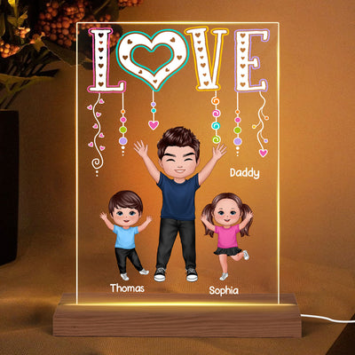 LOVE Happy Doll Dad Grandpa With Kids Personalized Rectangle Acrylic Plaque LED Night Light