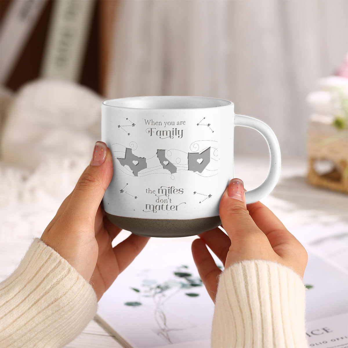 Long Distance Family Friends Siblings Sisters Besties Personalized Engraved Pottery Mug, Togetherness Christmas Gift