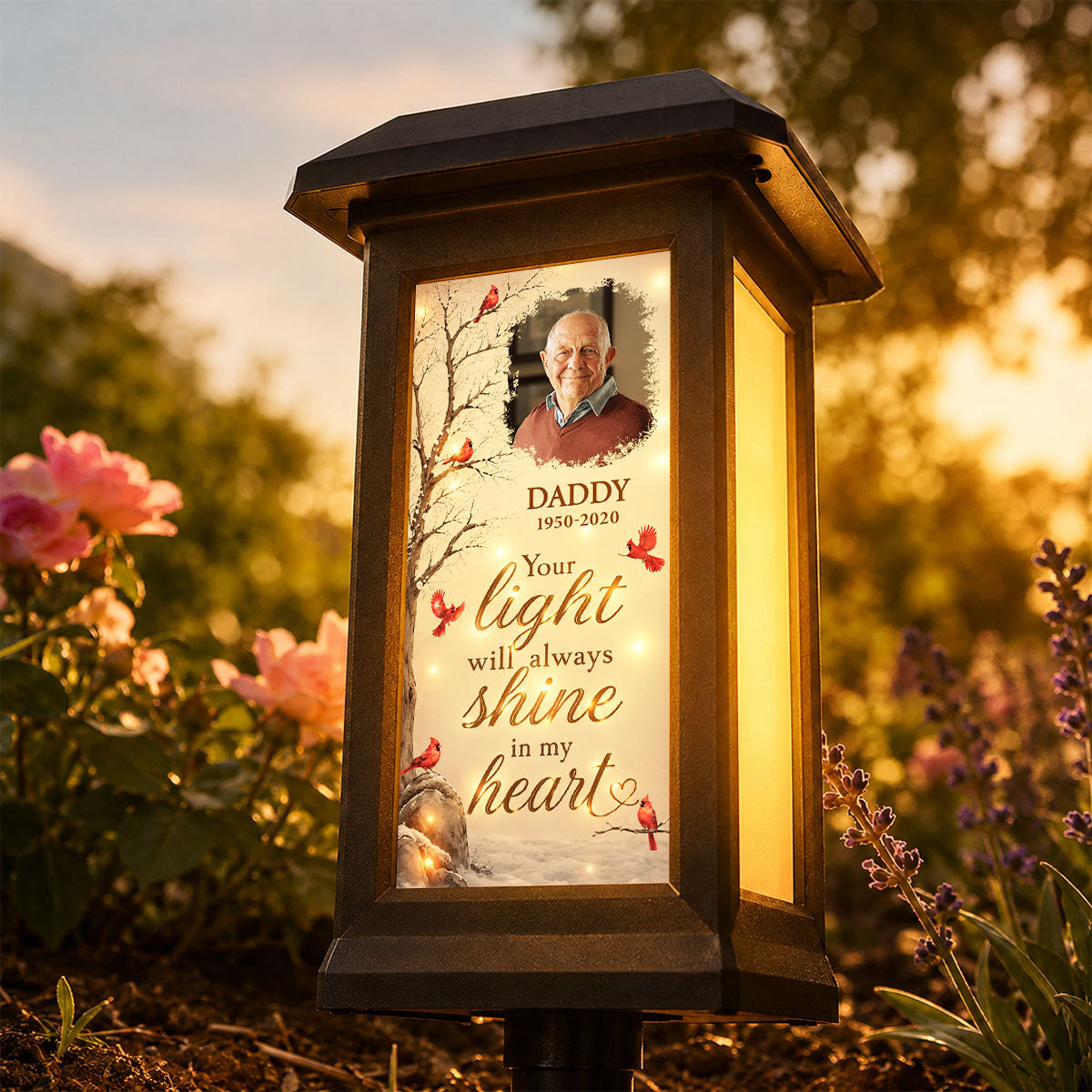 Your Light Will Always Shine in My Heart Cardinal Memorial - Personalized Solar Garden Light - Heartfelt Sympathy Gift for Loved Ones