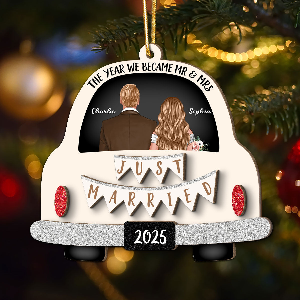 Groom & Bride In Car Personalized 2-Layer Wooden Ornament | Just Married Newlyweds Marriage Keepsake