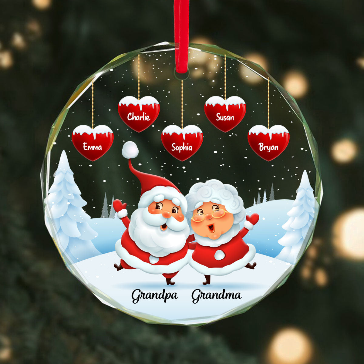 Papa Nana Claus Hearts Kids Names Personalized Glass Ornament