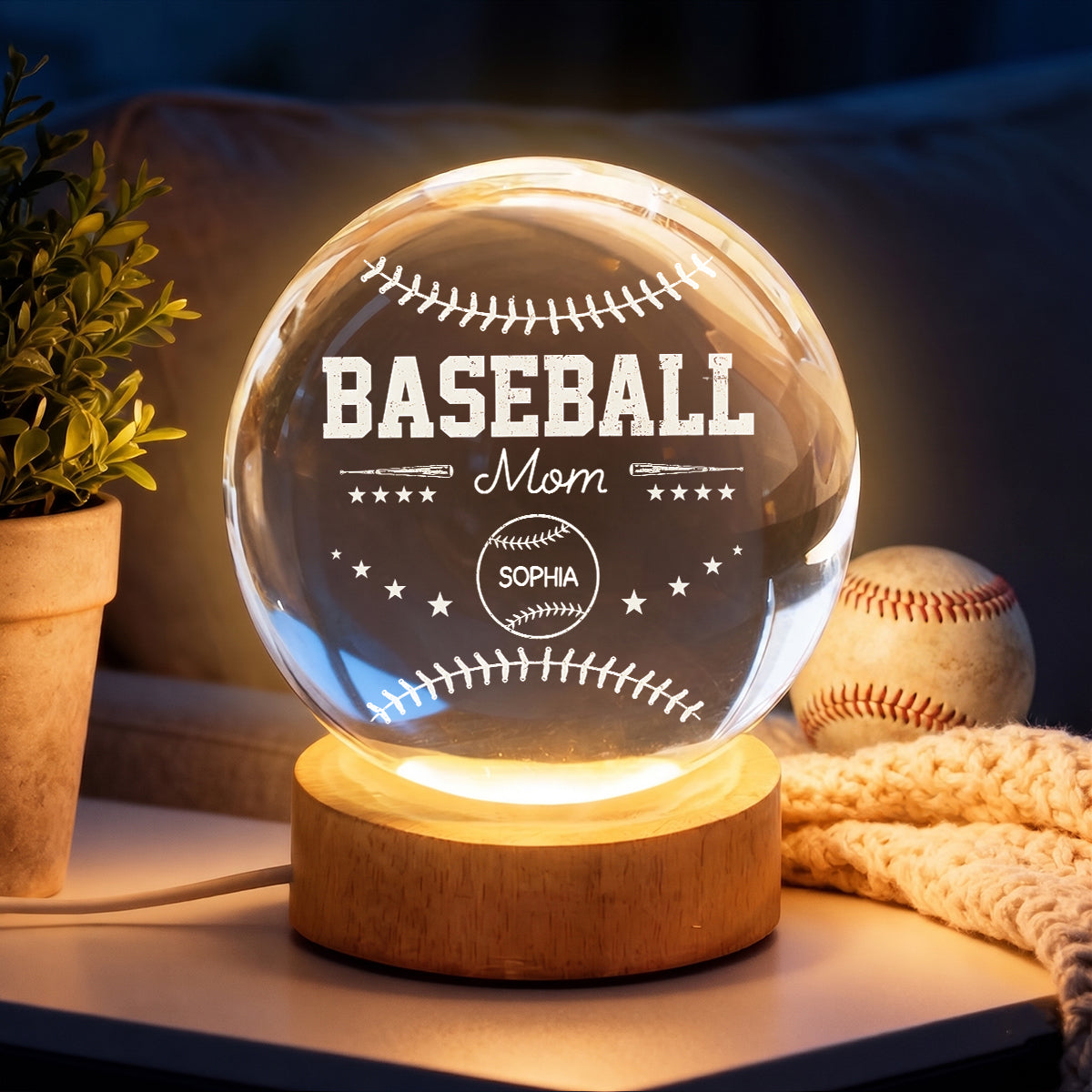 Baseball Mom And Kids Together - Personalized Crystal Ball LED Night Light - Mother's Day Gift For Baseball Mom, Gift For Wife