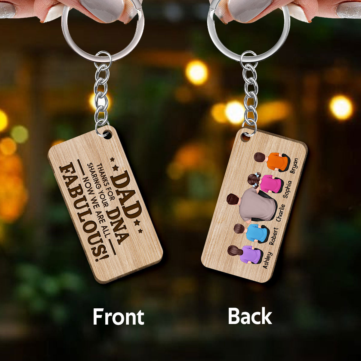 Dad Thanks For Sharing Your DNA Back View Man & Kids Sitting Personalized Wooden Keychain