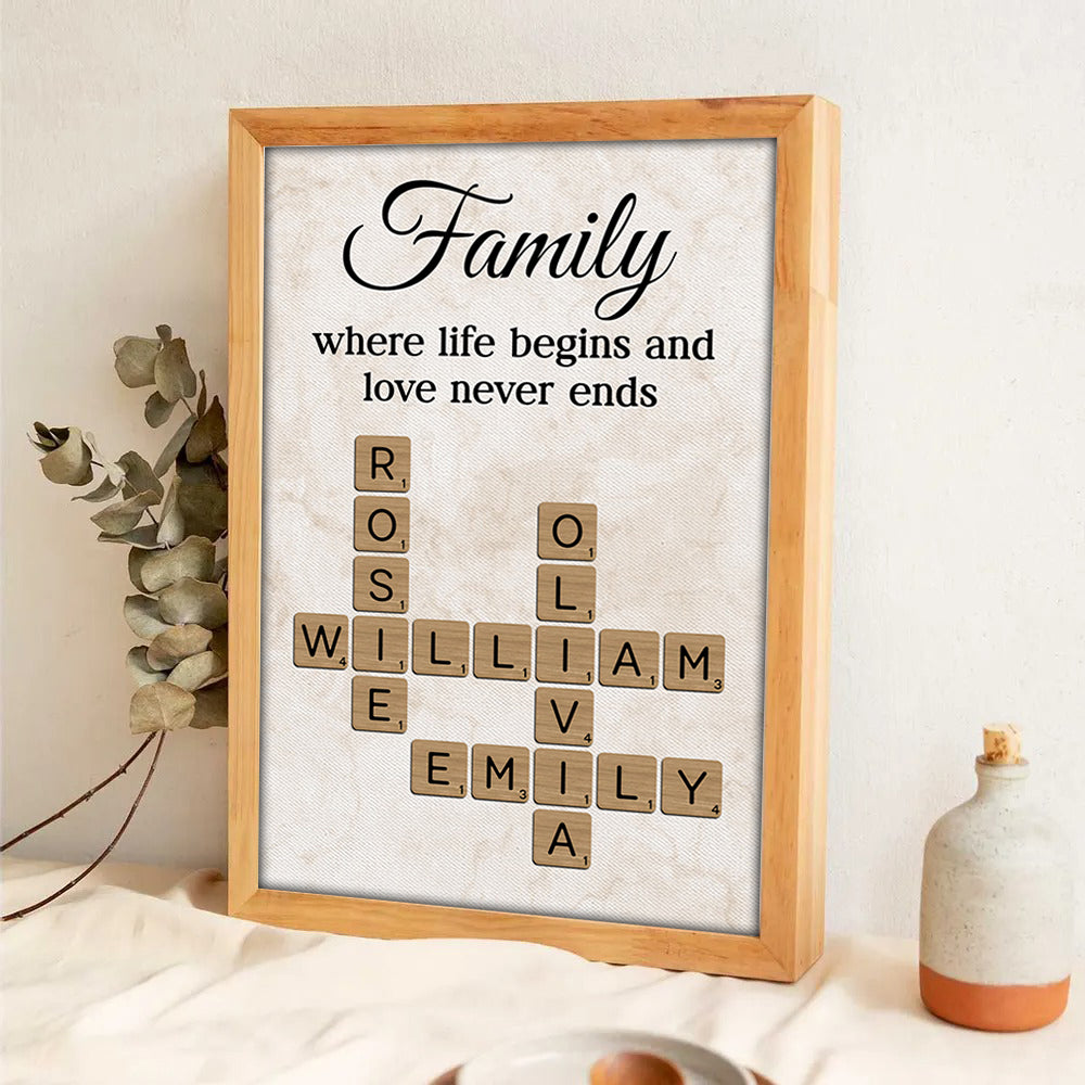 Family Where Life Begins and Love Never Ends Crossword - Personalised Poster - Sentimental Gift for Loved Ones