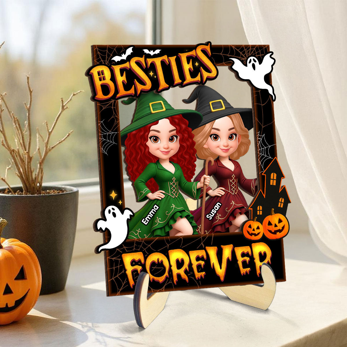 Besties Sisters Witch Photo Booth Frame Personalized 2-Layer Wooden Plaque