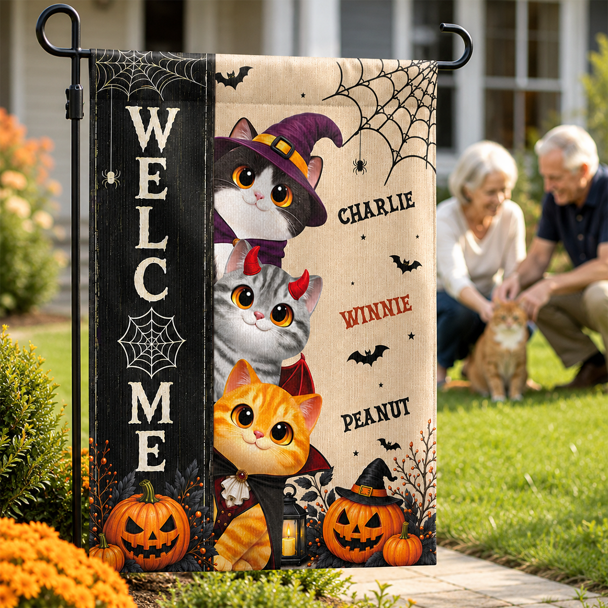 Spooky Cats Welcome - Personalized Garden Flag - Halloween Yard Decor