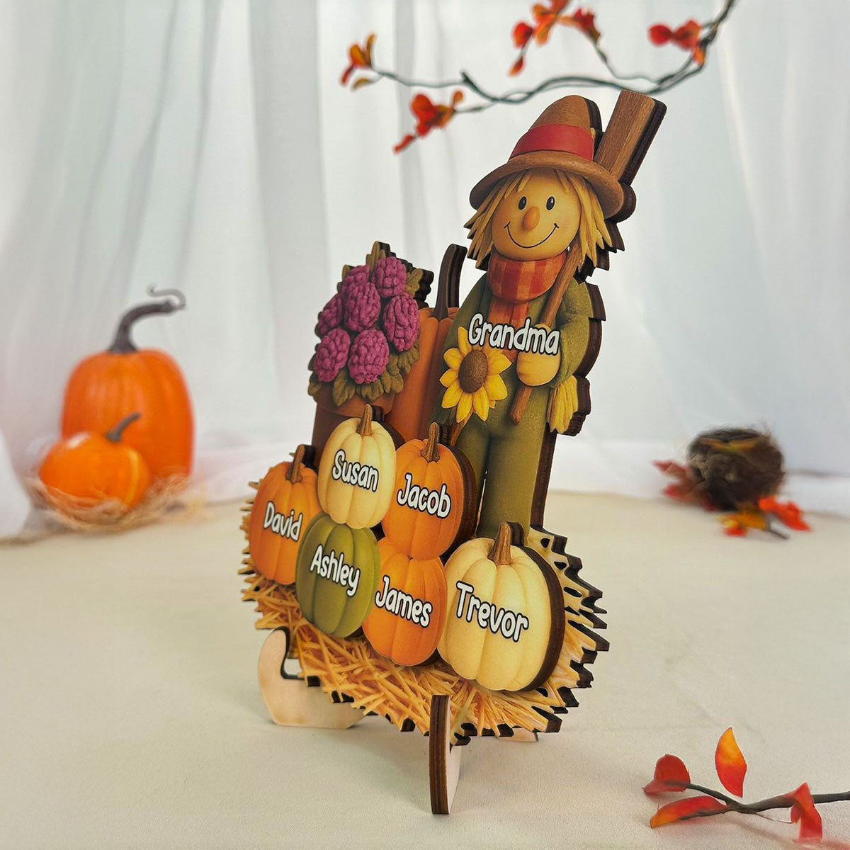 Fall Scarecrow Grandma with Pumpkins Grandkids Names 3D Effect Personalized 2-Layer Wooden Plaque
