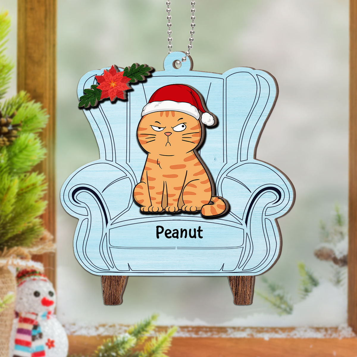 Christmas Cats On Chair Personalized 2-Layer Wooden Ornament