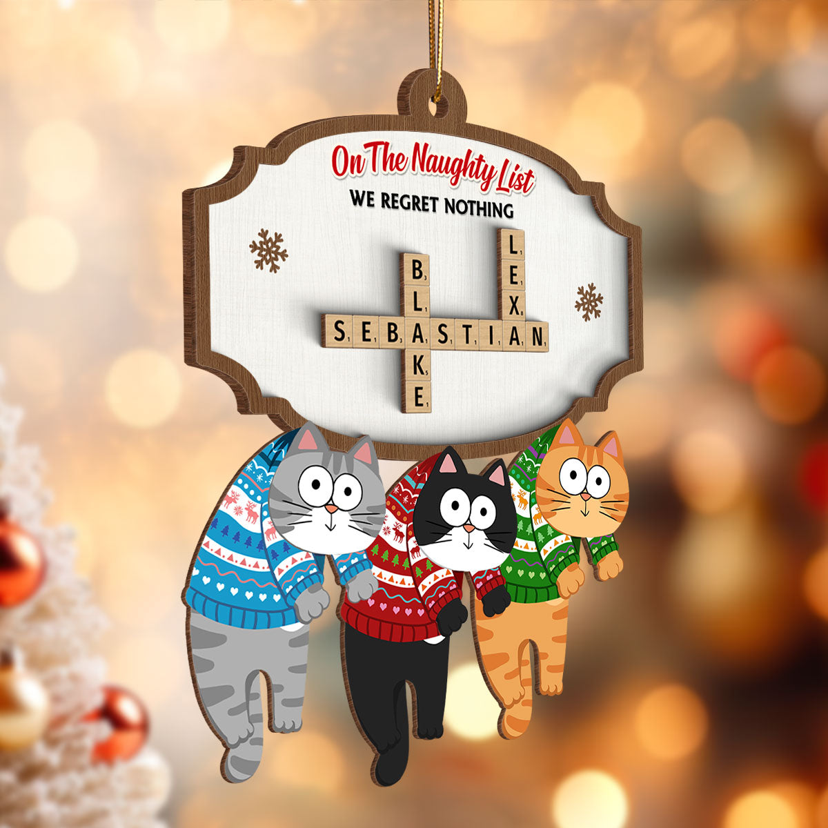 On The Naughty List We Regret Nothing Crossword Puzzle Art Personalized 2-Layer Wooden Ornament, Unique Christmas Gift For Cat Owners