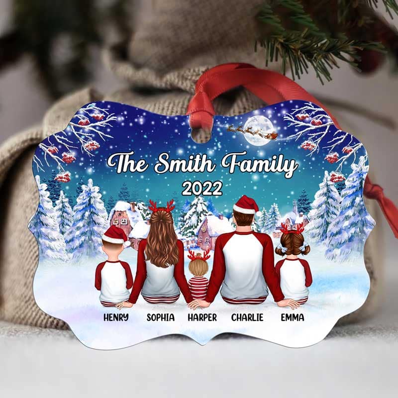 Pajamas Family Sitting In Christmas Night Personalized Christmas Ornament