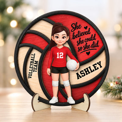 Proud Volleyball Player Custom Name And Number - Personalized 2-Layered Wooden Plaque - Christmas Gift For Teenagers, Volleyball Players, Daughter, Granddaughter, Son, Grandson
