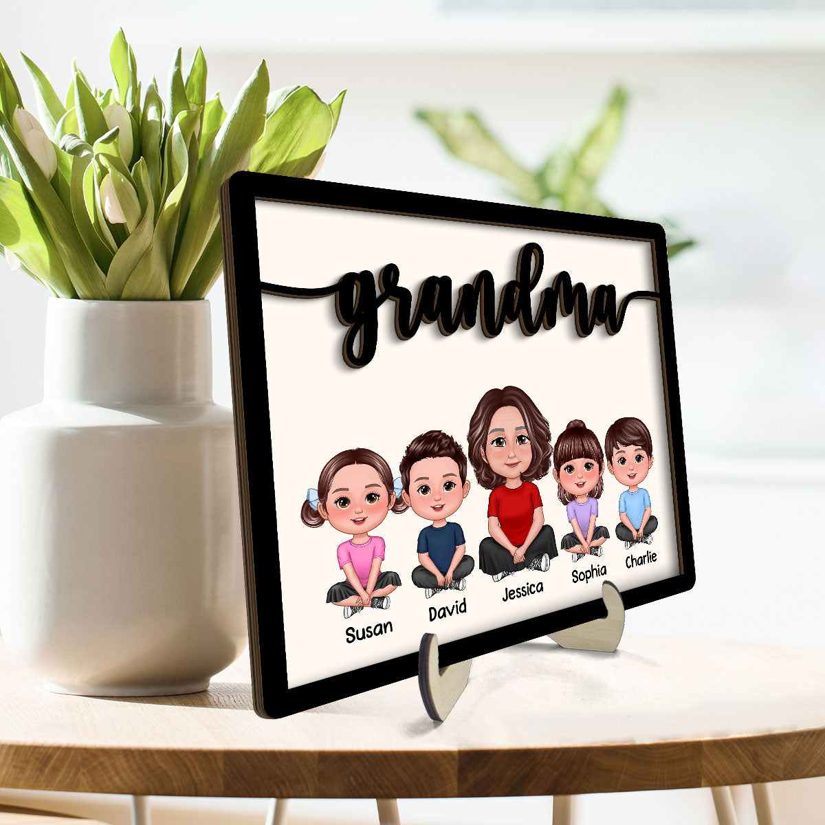 Grandma Grandkids Sitting Crossed Legs Personalized 2-layer Wooden Plaque