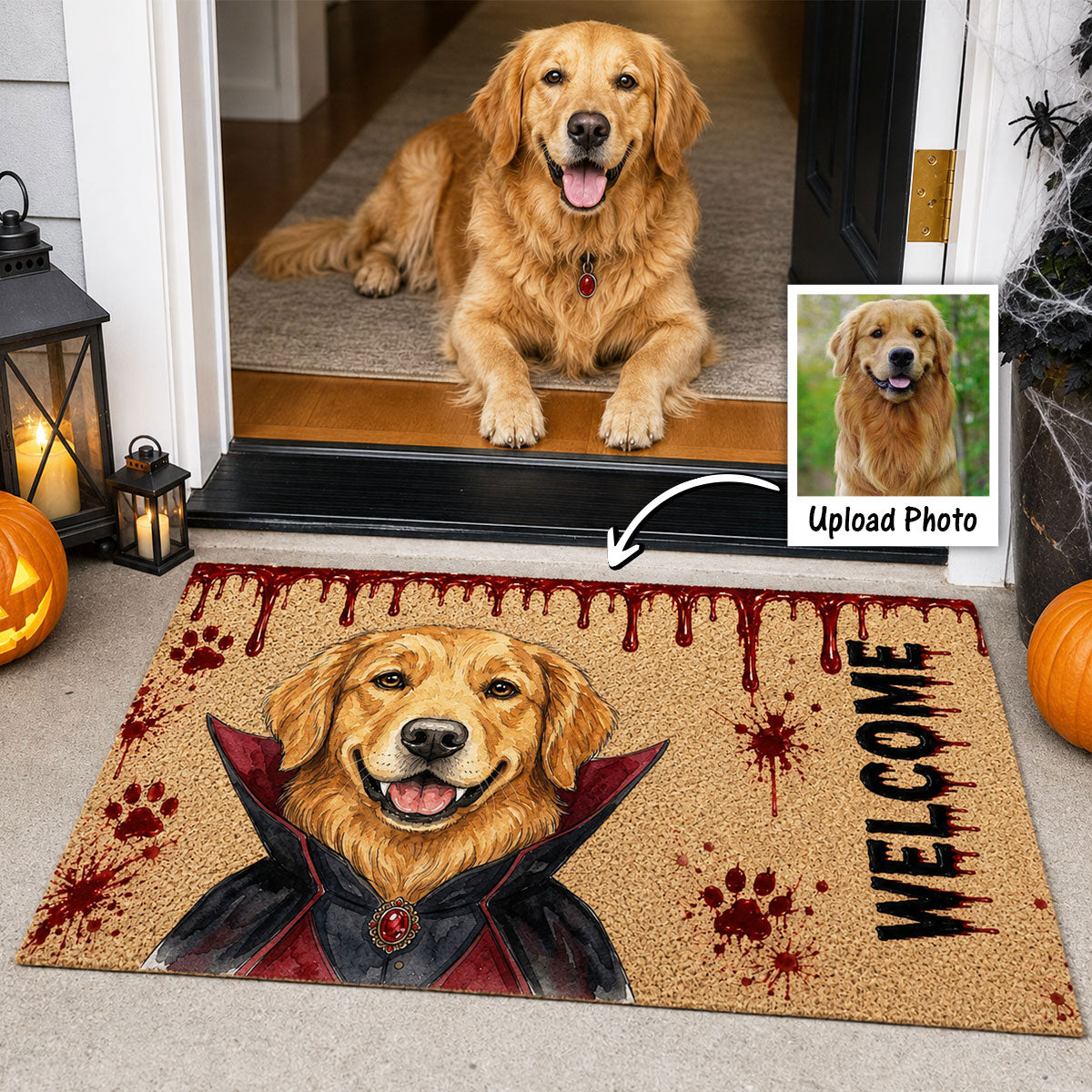 Horror Halloween Theme Custom Dog Cat Pet Photo Watercolor Style Art - Personalized Doormat - Halloween Decor For Dog, Cat Lovers