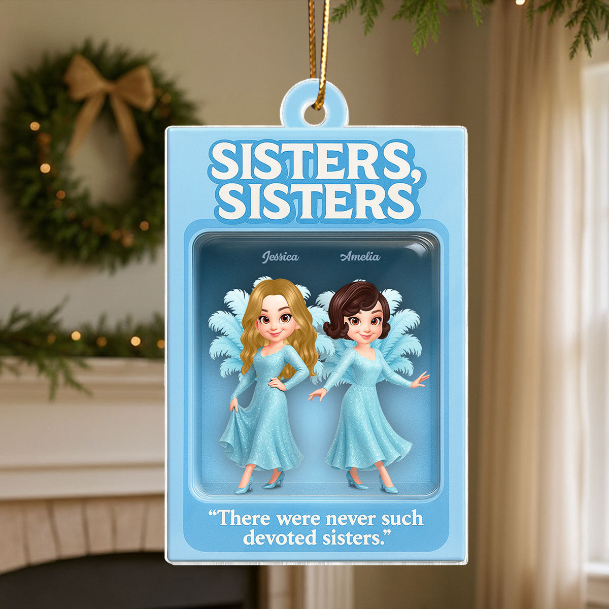 3D Effect Blue Dress Sisters Besties Inside Toy Box Personalized Acrylic Ornament