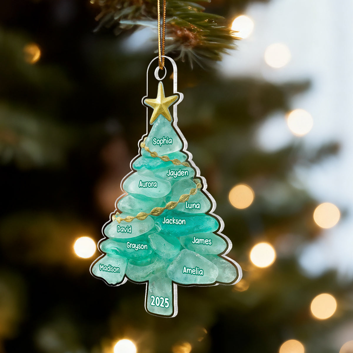 3D Sea Glass Effect Christmas Tree Family Member Name - Personalized Acrylic Ornament - Coastal Vibe Christmas Gift