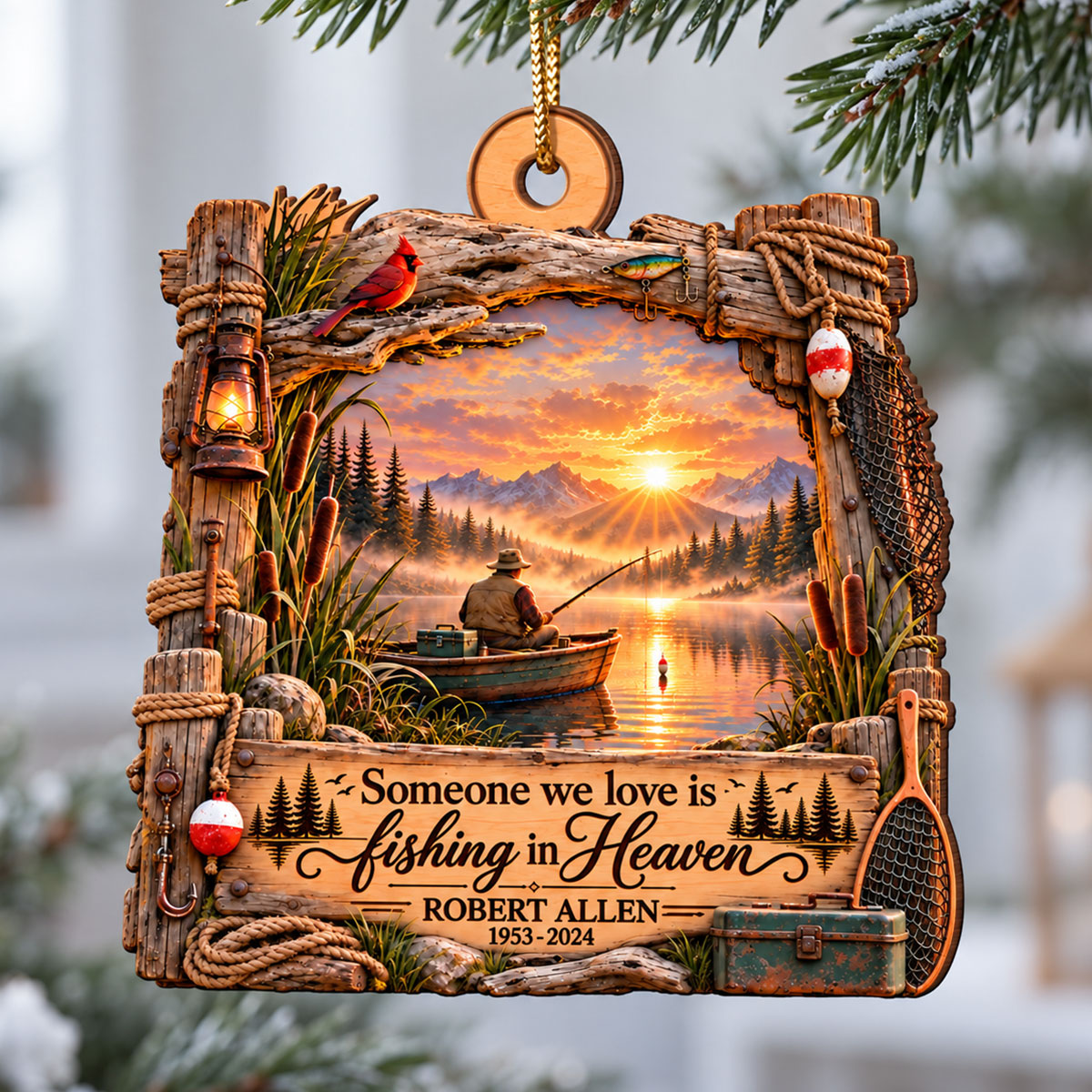 Someone We Love Is Fishing In Heaven 2D Flat - Personalized Wooden Ornament - Memorial Sympathy Gift