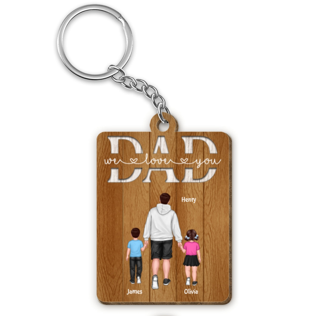 We Love You Dad Back View Dad And Kids Walking Personalized Wooden Keychain