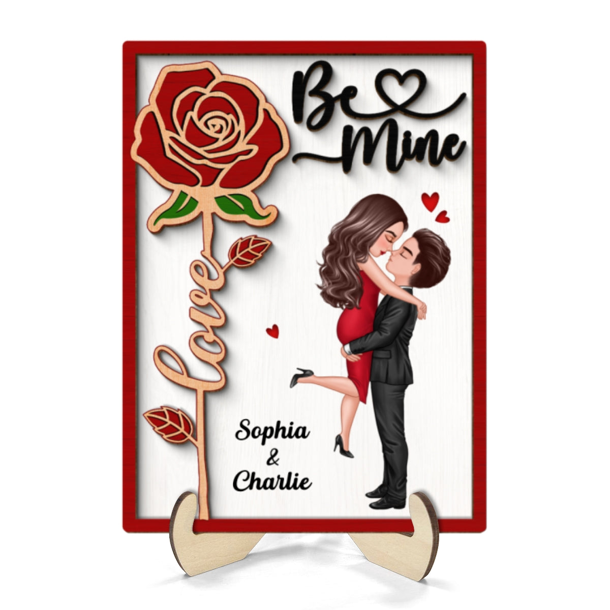 Be Mine Couple Hugging Kissing Rose Valentine‘s Day Gift For Him For Her Personalized 2-Layer Wooden Plaque