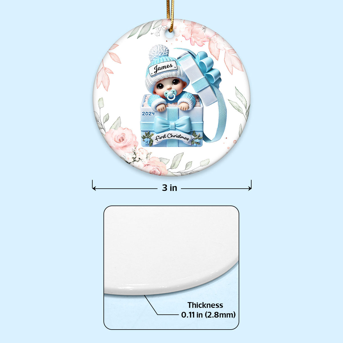 Floral Wreath Baby Inside Gift Box Personalized Ceramic Ornament, Baby First Christmas Keepsake
