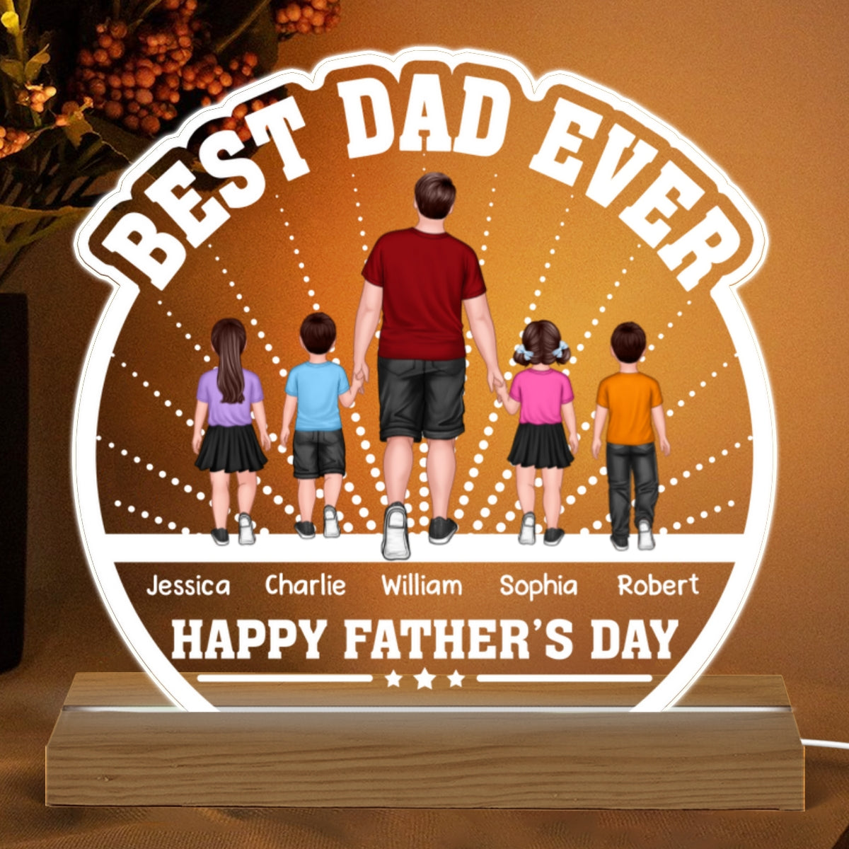 Best Dad Ever Back View Man Walking With Kids Dog Cat Personalized Custom Shaped Acrylic Plaque With Warm LED Night Light