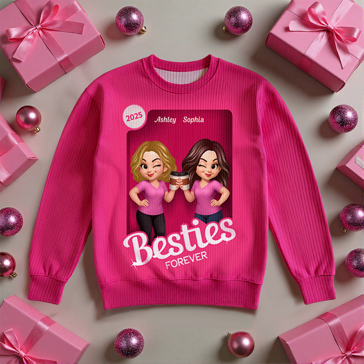 Pink Tone Besties Custom Figure Box Effect - Personalized Ugly Sweater - Christmas Matching Shirts, Group Shirts, Exchange Gift For Best Friends