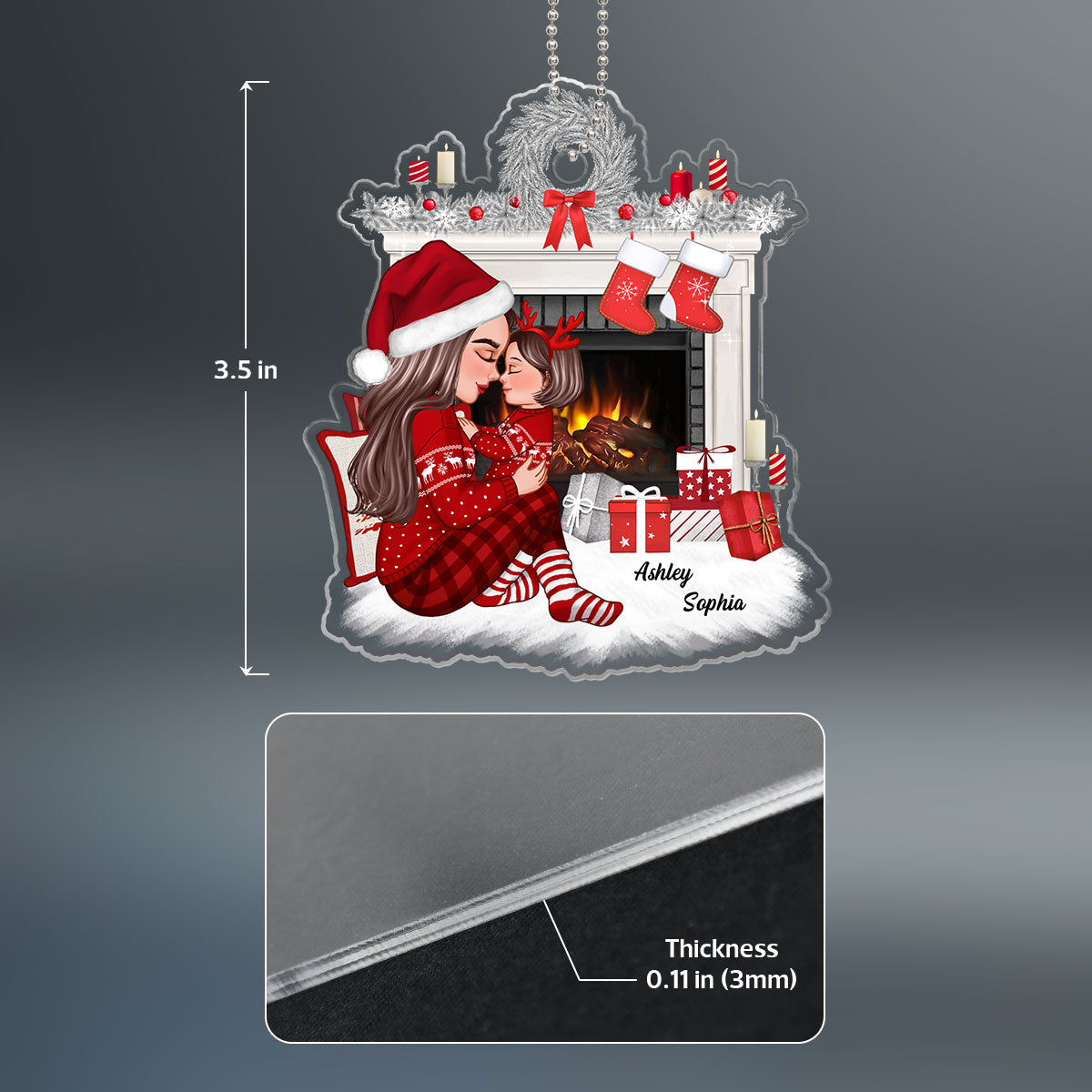 Grandma Mom Holding Kid Sitting Next To Christmas Fireplace Personalized Acrylic Ornament