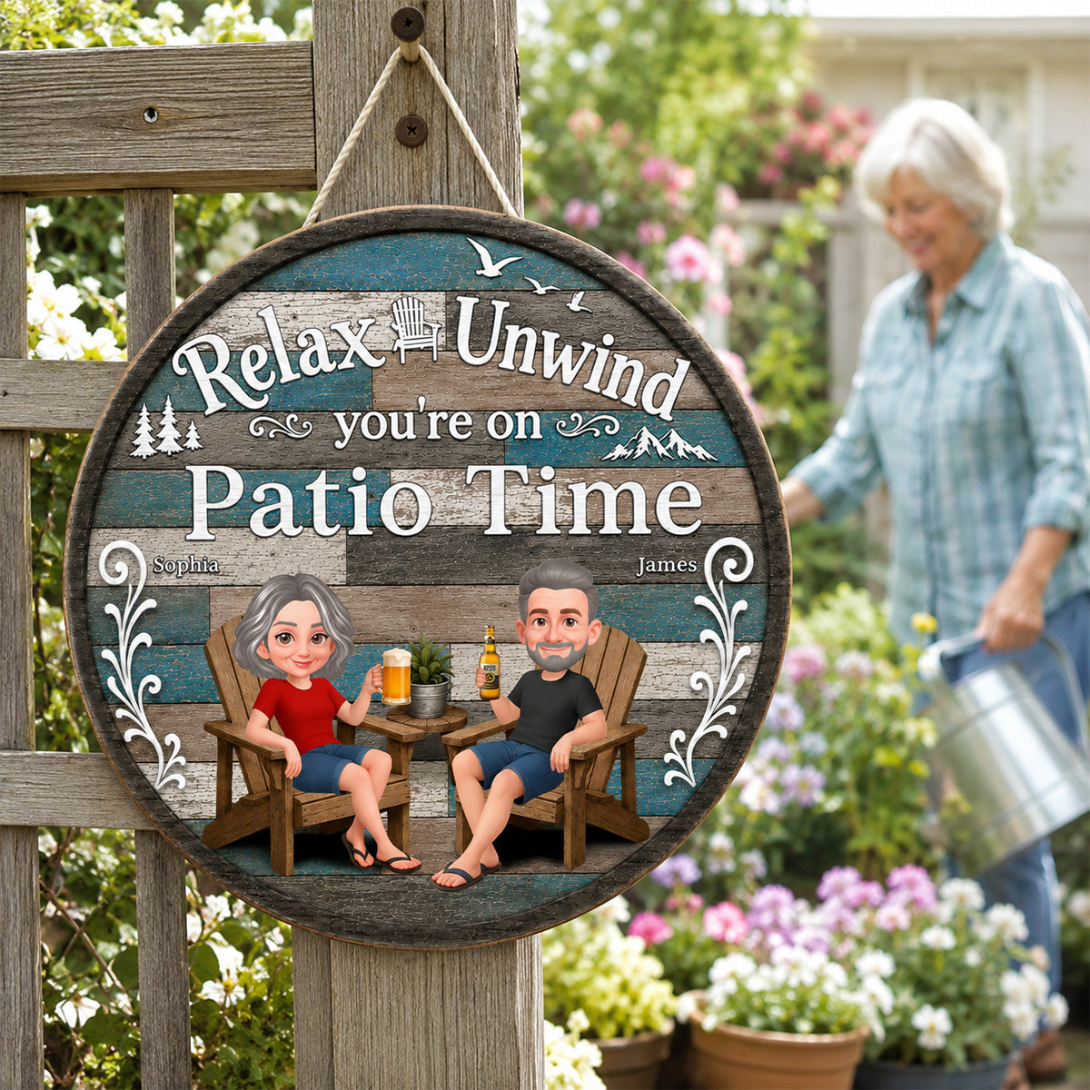 Relax Unwind You're On Patio Time - Personalized Round Wood Sign - Decor Patio Sign