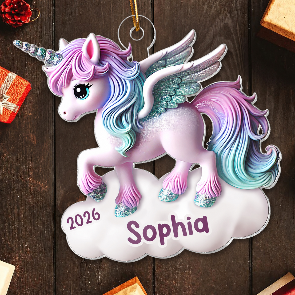 Magical Unicorn 3D Effect Baby's First Christmas Personalized Acrylic Flat Ornament