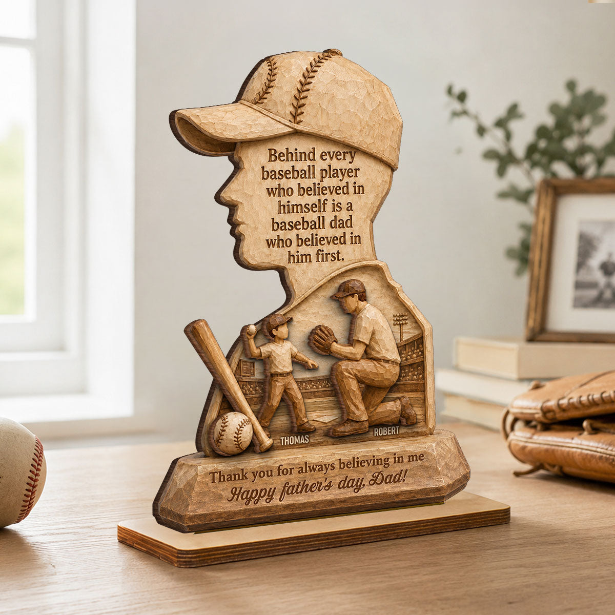 Behind Every Baseball Player is a Baseball Dad - Personalized 2-Layered Wooden Plaque - Father's Day Gift for Dad, Husband