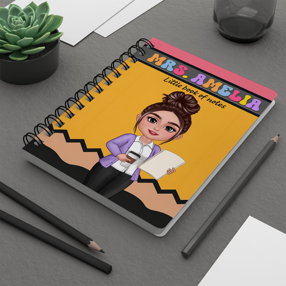 Pencil Themed Teacher With Name Personalized Spiral Notebook Journal, Back To School Stationery