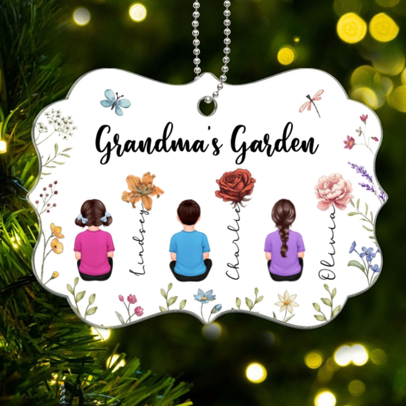 Grandkids Sitting Grandma Garden Vintage Birth Month Flowers Personalized Acrylic Ornament, Christmas Gift For Grandma