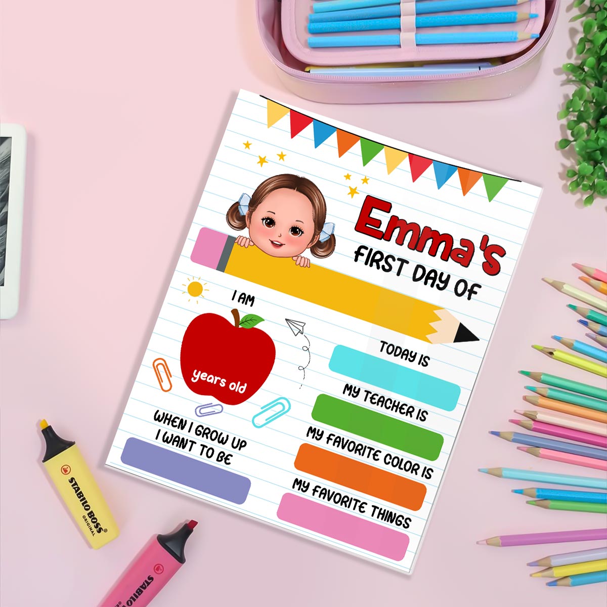 Cute Kid First Day Of School Personalized Board Sign, Editable, Reusable Back To School Sign