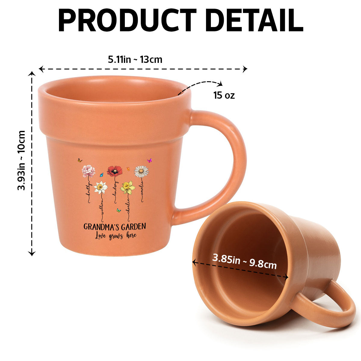 Grandma's Garden Love Grows Here Vintage Birth Month Flower Personalized Plant Pot Ceramic Mug