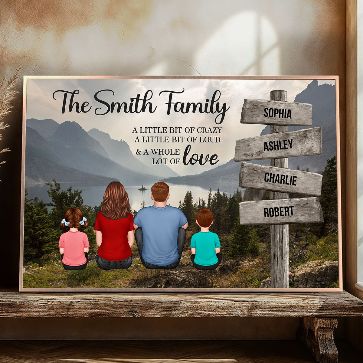 Mountain Range Landscape Family Sitting Back View Personalized Poster