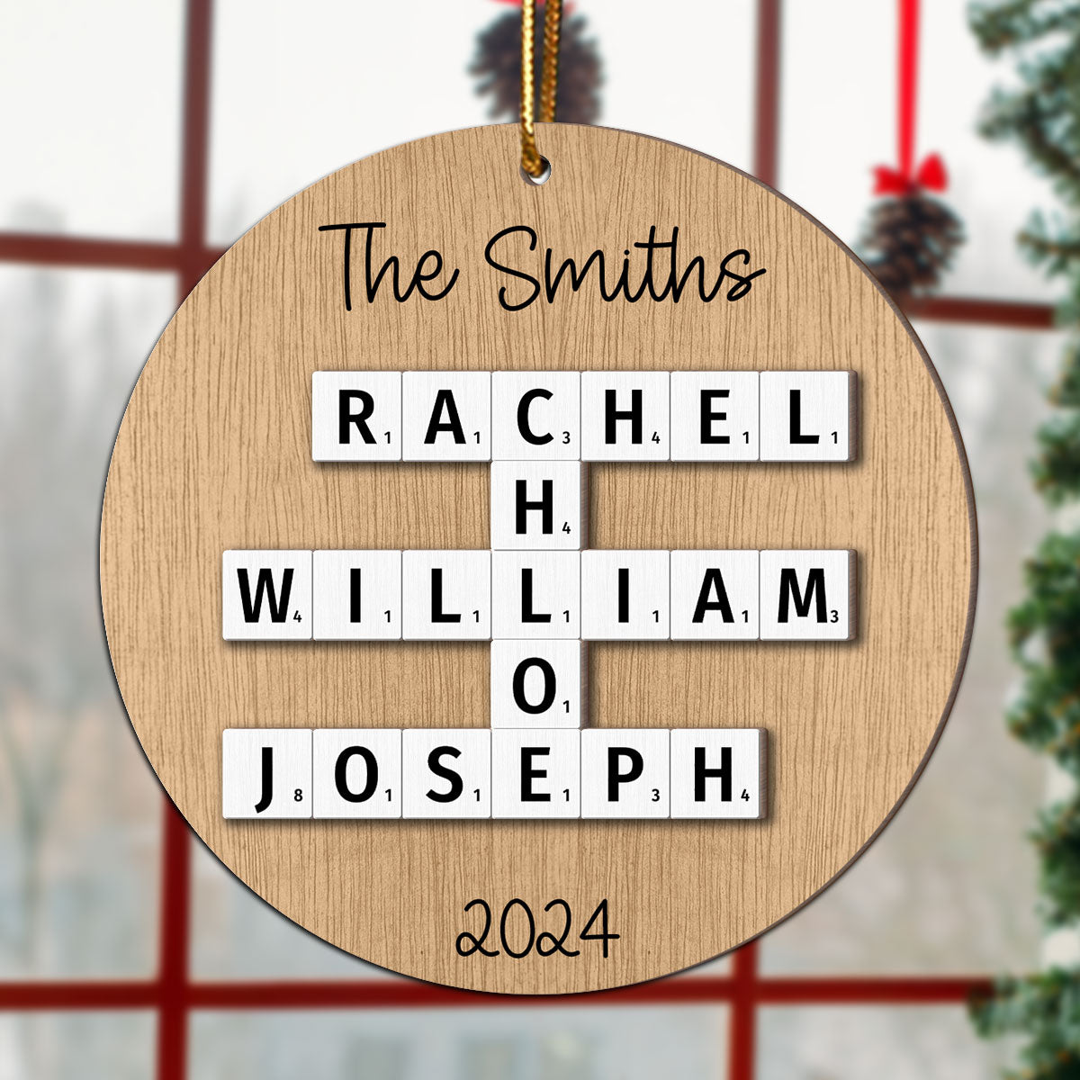 Rustic Family Names Crossword Puzzle Art Personalized 2-Layer Wooden Ornament, Christmas Gift For Family, For Parents, Grandparents, Siblings, Children