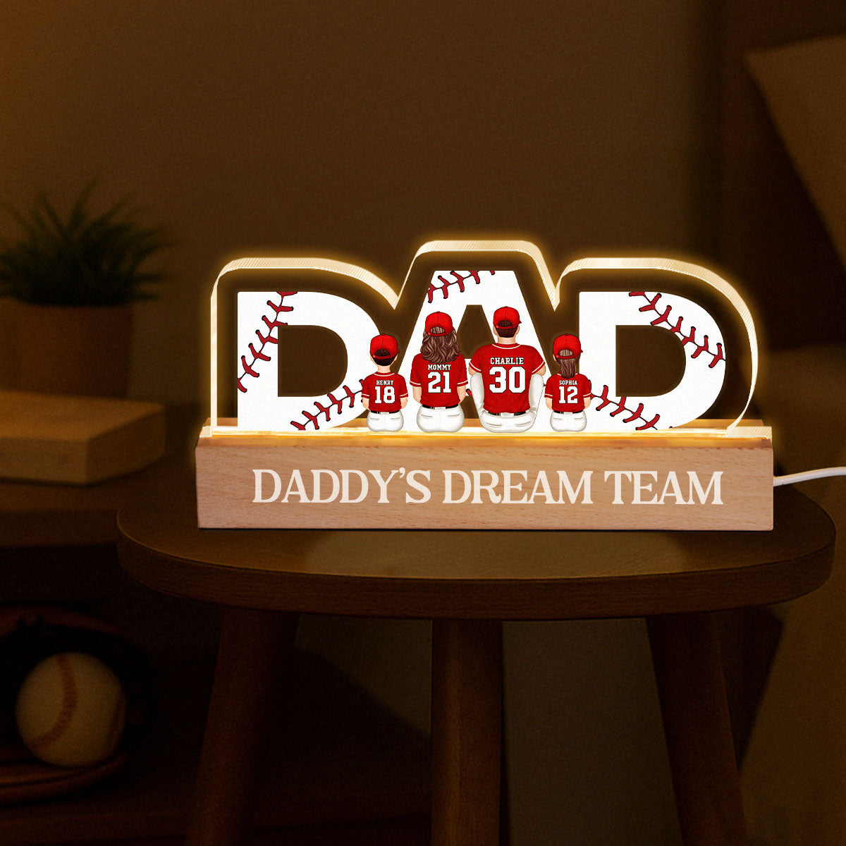 DAD Baseball Family Sitting Back View Personalized Acrylic LED Night Light, Father's Day Gift For Dad, Gift For Husband