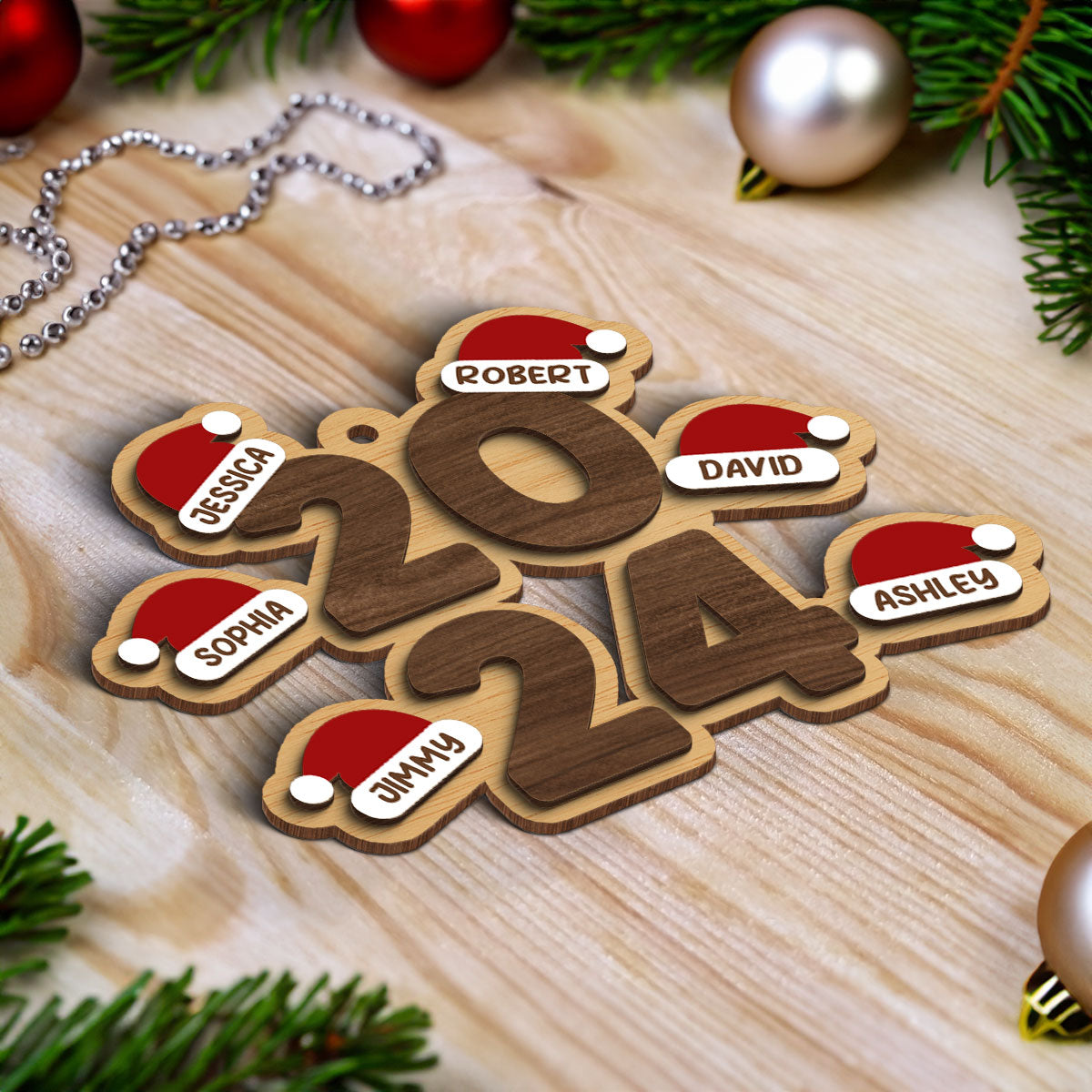 Family Stacked 2024 Santa Hats Personalized 2-Layer Wooden Ornament, Christmas Gift