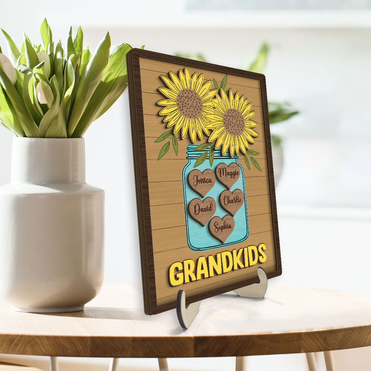 Grandkids Sunflowers Vase Hearts With Kids Names Personalized 2-layer Wooden Plaque