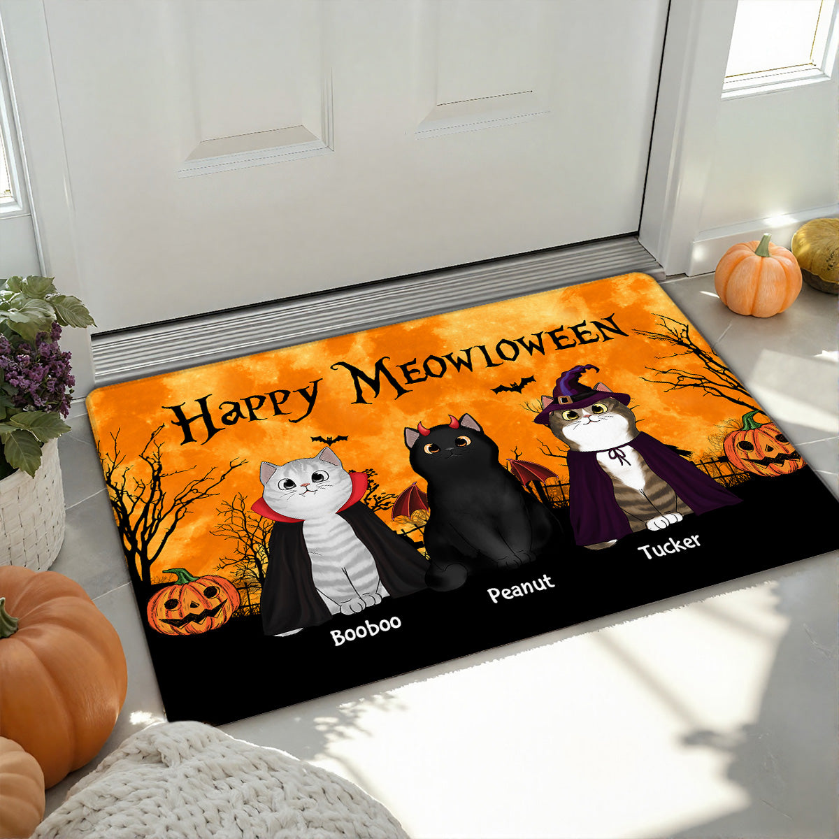 Happy Meowloween Halloween Moon Light Bat Tree Spooky Cat Personalized Doormat, Purrfect Decor for Cat Lover