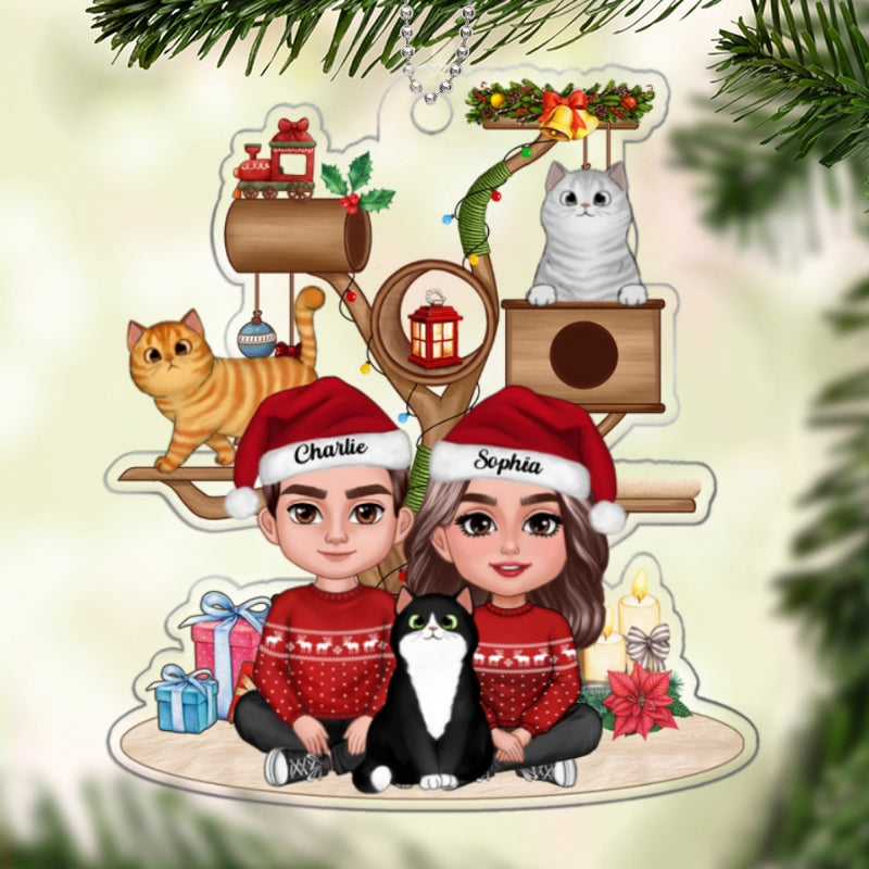 Couple & Cats By Christmas Cat Tower Gift For Cat Lover Personalized Acrylic Ornament