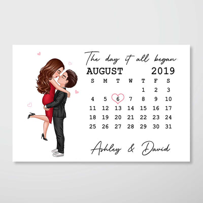 The Day It All Began Kissing Couple Calendar Anniversary Date Personalized Horizontal Poster - Anniversary Gift For Couple - Gift For Him Gift For Her
