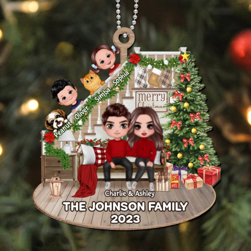 Family Sitting Chin On Hands Stairs Christmas Personalized Wooden Ornament