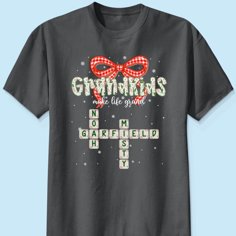 Grandkids Make Life Grand Coquette Floral Christmas Pattern Crossword Puzzle Art - Personalized Shirt