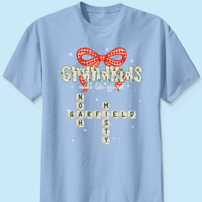 Grandkids Make Life Grand Coquette Floral Christmas Pattern Crossword Puzzle Art - Personalized Shirt