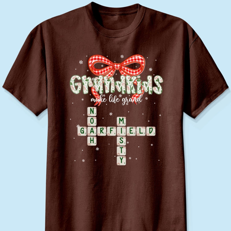Grandkids Make Life Grand Coquette Floral Christmas Pattern Crossword Puzzle Art - Personalized Shirt