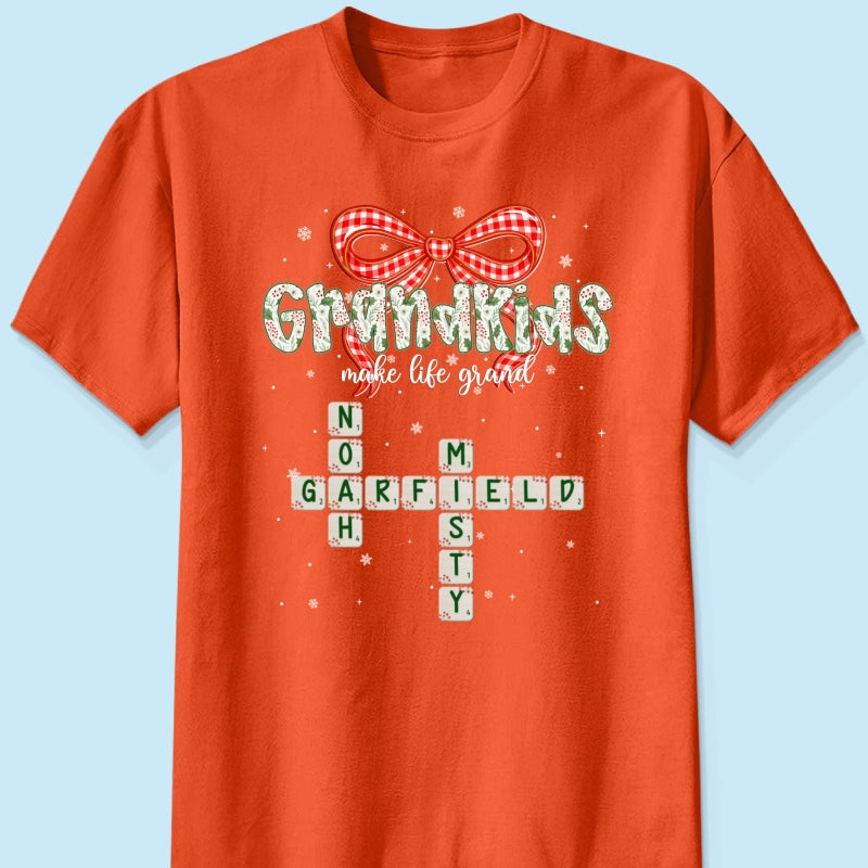 Grandkids Make Life Grand Coquette Floral Christmas Pattern Crossword Puzzle Art - Personalized Shirt