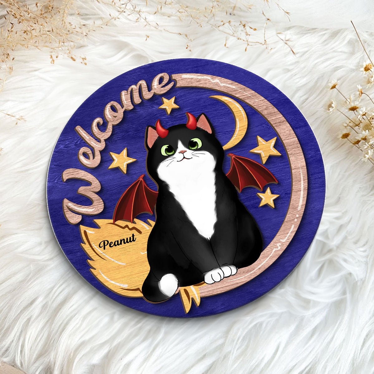 Welcome Halloween Cat Personalized 2-Layer Wooden Plaque, Gift For Cat Lovers